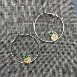 Hoop Pierced Earrings Silver Pineapple Lg Green Yellow Enamel Iridescent Sparkle